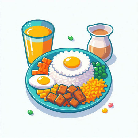 Illustration of a breakfast with rice, fried eggs, milk and vegetablesのイラスト素材