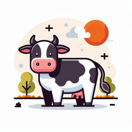 Cute cow standing in the field. Vector flat cartoon illustration.のイラスト素材