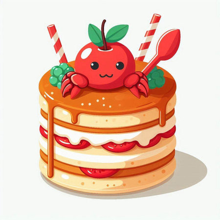 Cute cartoon apple cake with whipped cream and berries. Vector illustration.のイラスト素材