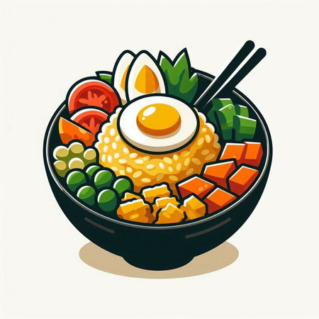 Illustration of a bowl of rice with a fried egg and vegetablesのイラスト素材