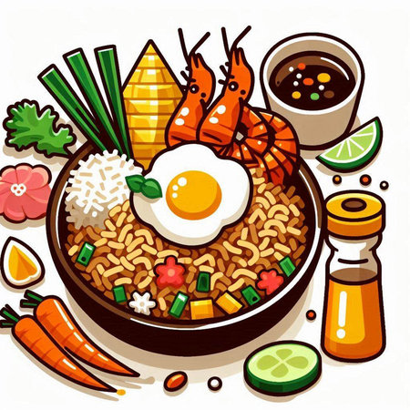 Bowl of rice with shrimps and vegetables. Vector illustration.のイラスト素材