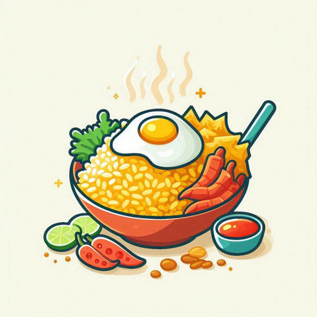 Illustration of a bowl of rice with a fried egg and vegetablesのイラスト素材