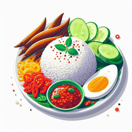 Illustration of a plate of rice and vegetables on a white backgroundのイラスト素材