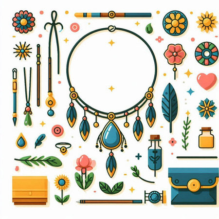 Vector set of dreamcatchers, feathers, beads and other items.のイラスト素材