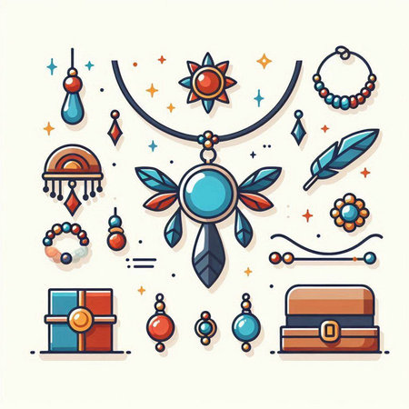 Jewelry collection. Vector illustration in line art style. Colorful design elements.のイラスト素材