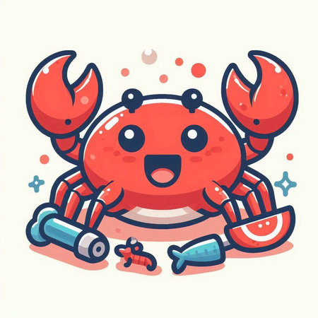 Cute crab cartoon mascot vector illustration. Seafood mascot design.のイラスト素材