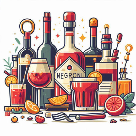 Colorful vector illustration of a set of alcoholic beverages: gin, rum, brandy, cognac, rum, tequila, brandy, gin, grapefruit, lemonade, rum.のイラスト素材