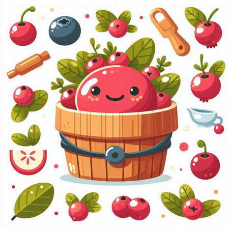 Cute cartoon vector illustration of a wooden bucket with berries and fruits.のイラスト素材