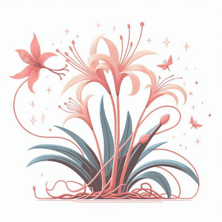 Abstract floral background with lilies and butterflies. Hand drawn vector illustration.のイラスト素材