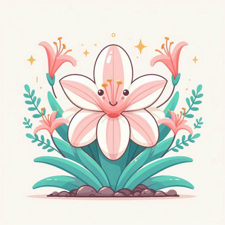 Illustration of a pink lily flower with green leaves and starsのイラスト素材