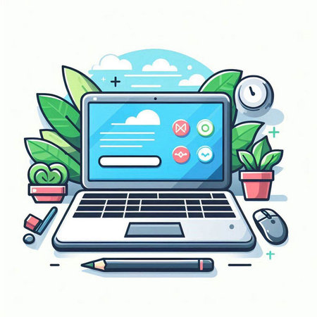 Laptop with web design elements. Modern flat style vector illustration.のイラスト素材