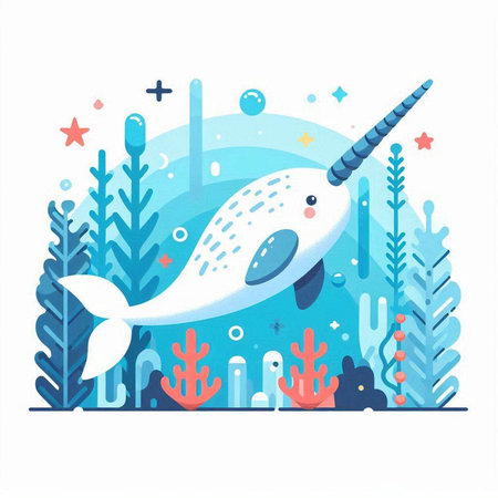 Cute cartoon narwhal swimming in the sea. Vector illustrationのイラスト素材