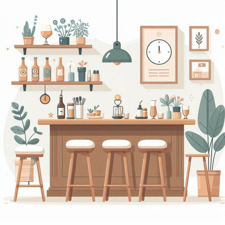 Interior of a bar with bar counter, chair, plants and bottles. Vector illustrationのイラスト素材