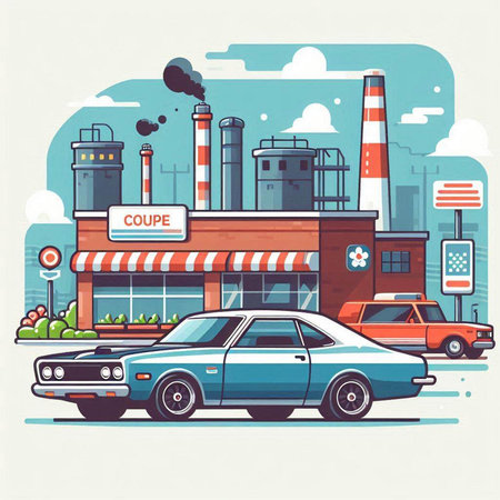 Retro car in front of factory. Vector illustration in flat styleのイラスト素材
