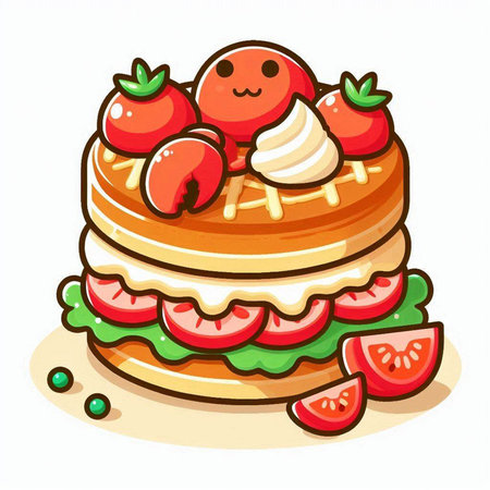 Cute cartoon pancakes with strawberry and whipped cream. Vector illustration.のイラスト素材