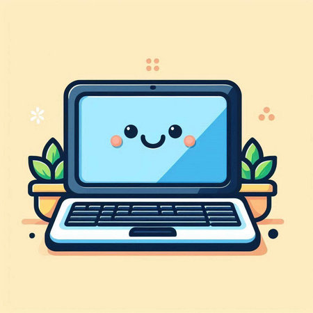 Cute cartoon laptop computer with smiling face. Vector Illustration.のイラスト素材