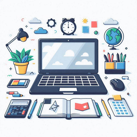 Modern flat design vector illustration concept of cloud computing. Laptop, computer, notebook, stationery, pencils and other objects on white background.のイラスト素材