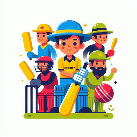 Cricket players team flat vector illustration. Cartoon character design.のイラスト素材