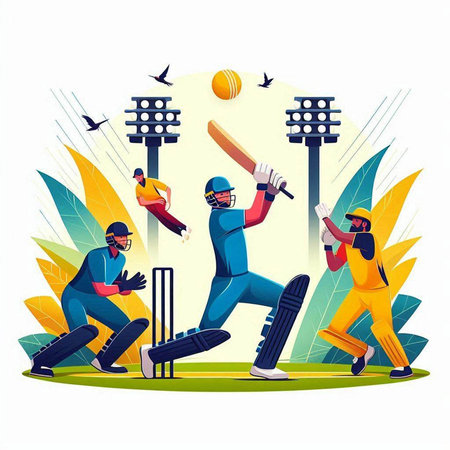 Cricket players in action vector illustration. Batsman playing cricket match.のイラスト素材