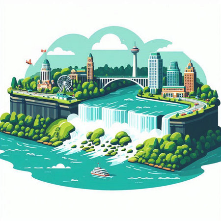 vector illustration of the city landscape with a river and a bridge.のイラスト素材