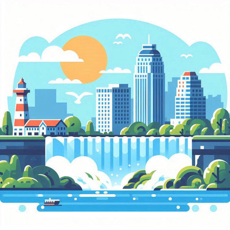 Vector illustration of the city landscape with a lighthouse on the river.のイラスト素材