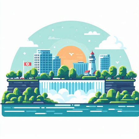 Flat design modern vector illustration concept of urban landscape with cityscape, river, lighthouse, buildings and green trees.のイラスト素材
