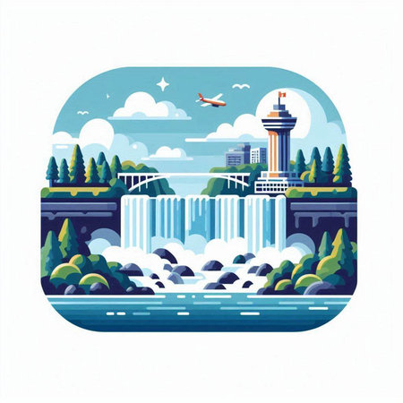 Waterfall in flat style. Vector illustration of a city landscape.のイラスト素材