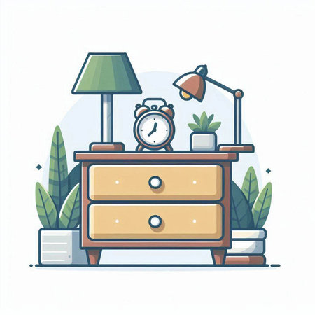 Illustration of nightstand with alarm clock, books, lamp and plants. Flat line vector design.のイラスト素材
