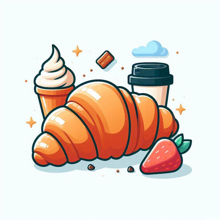 Coffee cup, croissant, ice cream and strawberry. Vector illustration.のイラスト素材