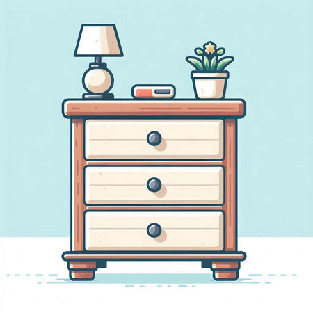 Illustration of a wooden chest of drawers with a lamp and a houseplantのイラスト素材