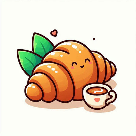 Cute cartoon croissant with cup of coffee. Vector illustration.のイラスト素材