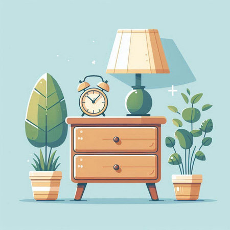 Bedside table with alarm clock and potted plants. Vector illustration.のイラスト素材