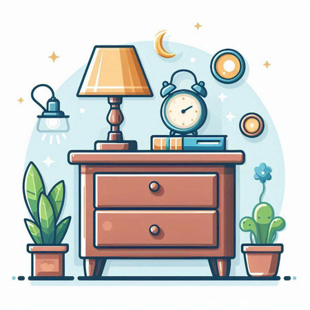 Night bedside table with lamp and alarm clock. Vector illustration in flat styleのイラスト素材