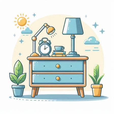 Bedside table with lamp, coffee cup, alarm clock and plant. Vector illustration.のイラスト素材