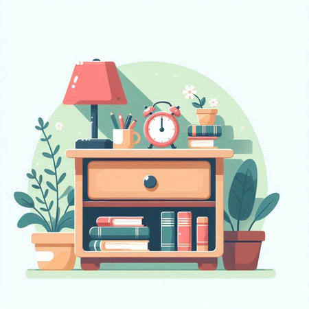 Bookshelf with books, alarm clock and plants. Flat style vector illustration.のイラスト素材