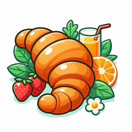 Croissant, juice and strawberries on a white background. Vector illustration.のイラスト素材