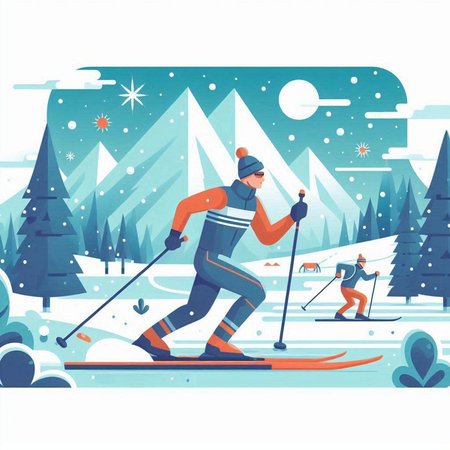Winter sport. Skier skiing in the mountains. Vector illustration.のイラスト素材