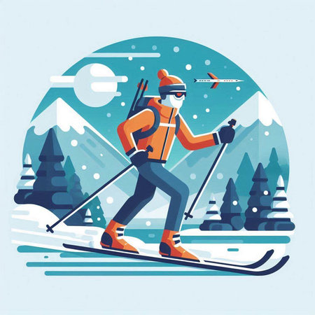 Skiing in the mountains. Vector illustration in flat style.のイラスト素材