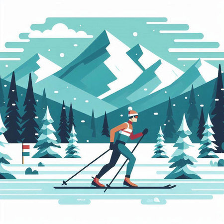 Cross-country skiing in the mountains. Vector illustration in flat styleのイラスト素材