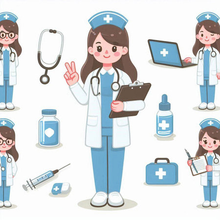 Nurse character vector illustration set. Cartoon doctor character with stethoscope and medical equipment.のイラスト素材