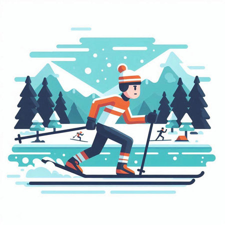 Man skiing in the mountains. Winter sport. Flat design vector illustration.のイラスト素材