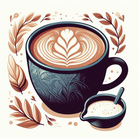 Coffee cup with latte art. Vector illustration in retro style.のイラスト素材