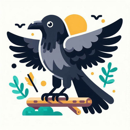 Vector illustration of crow flying on skateboard. Flat style design.のイラスト素材