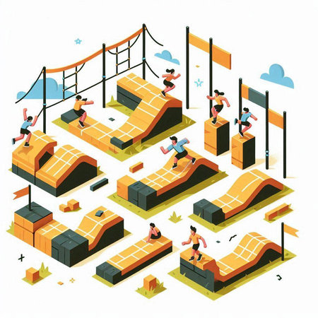 Isometric people running on obstacle course. Flat 3d vector illustration.のイラスト素材