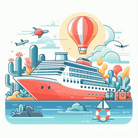 Cruise ship on the sea. Vector illustration in flat style.のイラスト素材