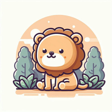 Cute lion in the forest. Vector illustration in flat style.のイラスト素材