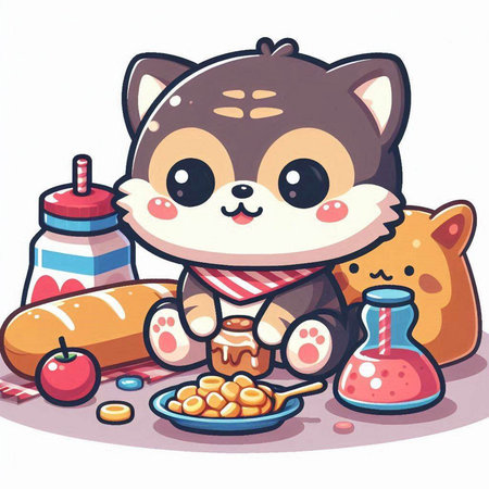 Illustration of a Cute Puppy Eating Cereal with Sausageのイラスト素材