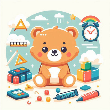 Cute bear and toys. Vector illustration in a flat style.のイラスト素材