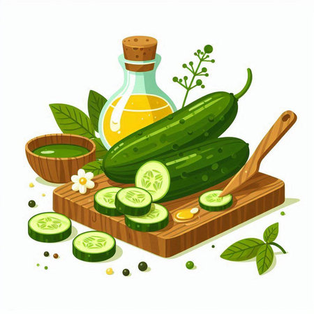 Cucumber oil in a glass bottle, slices of cucumber on a wooden board and a wooden spoon with cucumber slices. Vector illustration.のイラスト素材