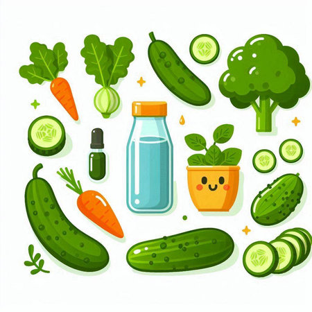 Vegetables set. Cucumber, carrot, cucumber, onion, tomato, spinach, cucumber, parsley, water. Vector illustrationのイラスト素材